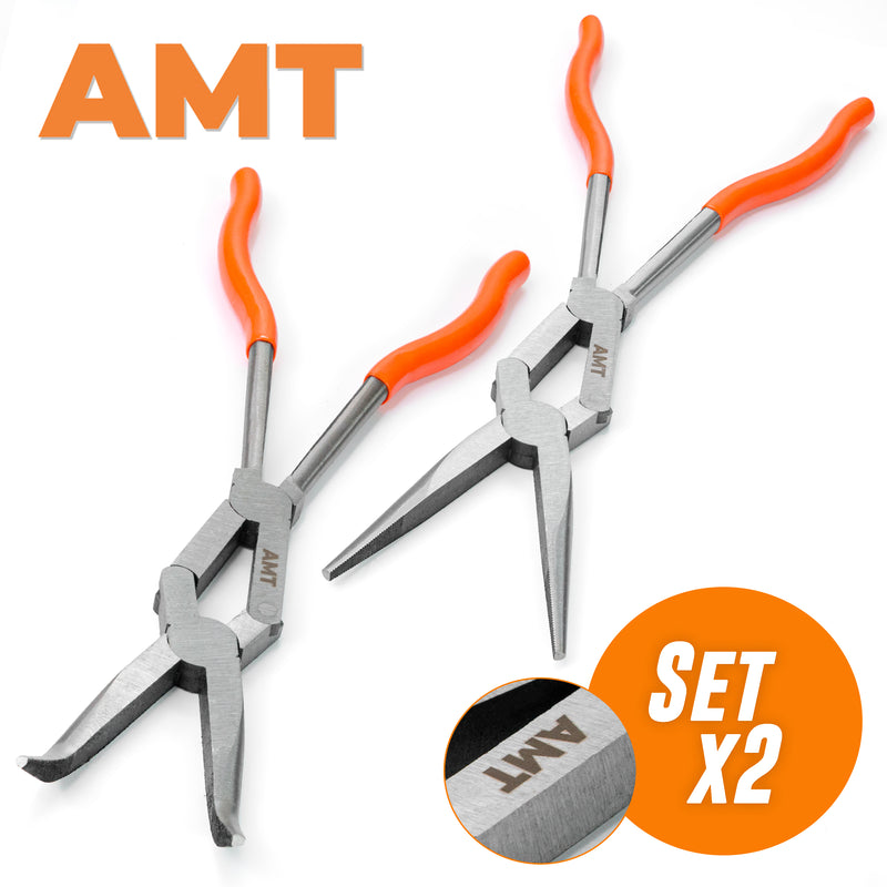2pc Double Jointed Pliers Set – 13" Long Needle Nose Pliers and 45 Degree Bent Nose Pliers