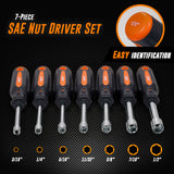 7pc SAE Nut Driver Set – Hollow Shaft Nut Driver Set with Comfort Grip – Hex Nut Driver Set