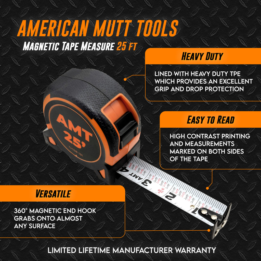 American Mutt Tools Magnetic Tape Measure 25 ft - Easy Read Tape Measure Double Sided Nylon Coated inch Foot Tape Measure with Fractions and Magnetic